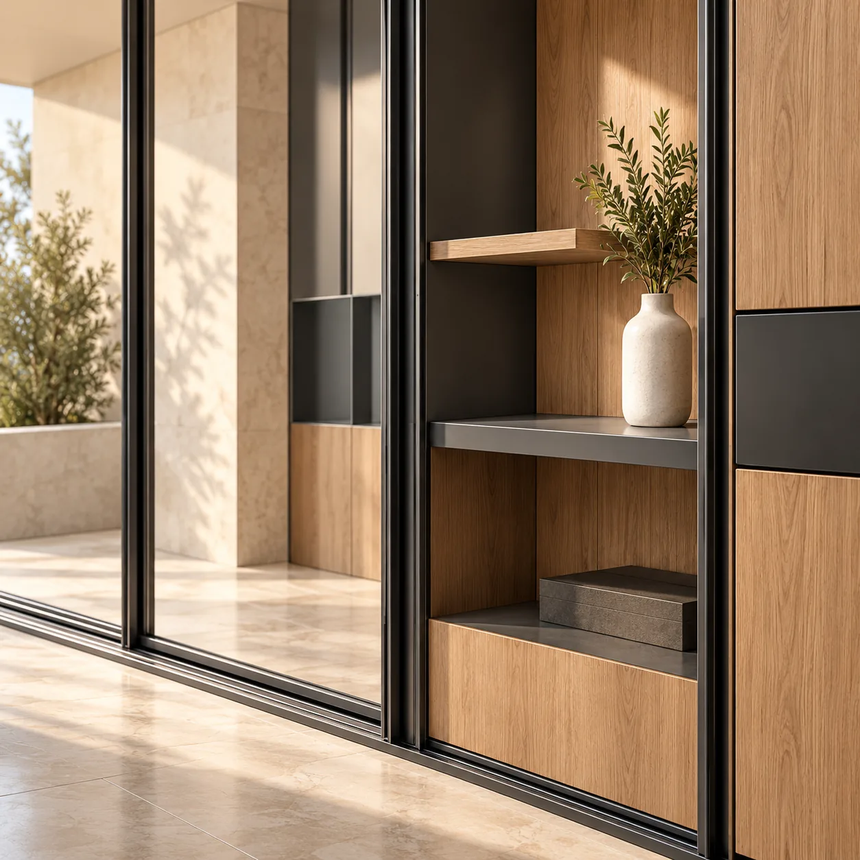 Illustration de profilés aluminium associés à un agencement en bois