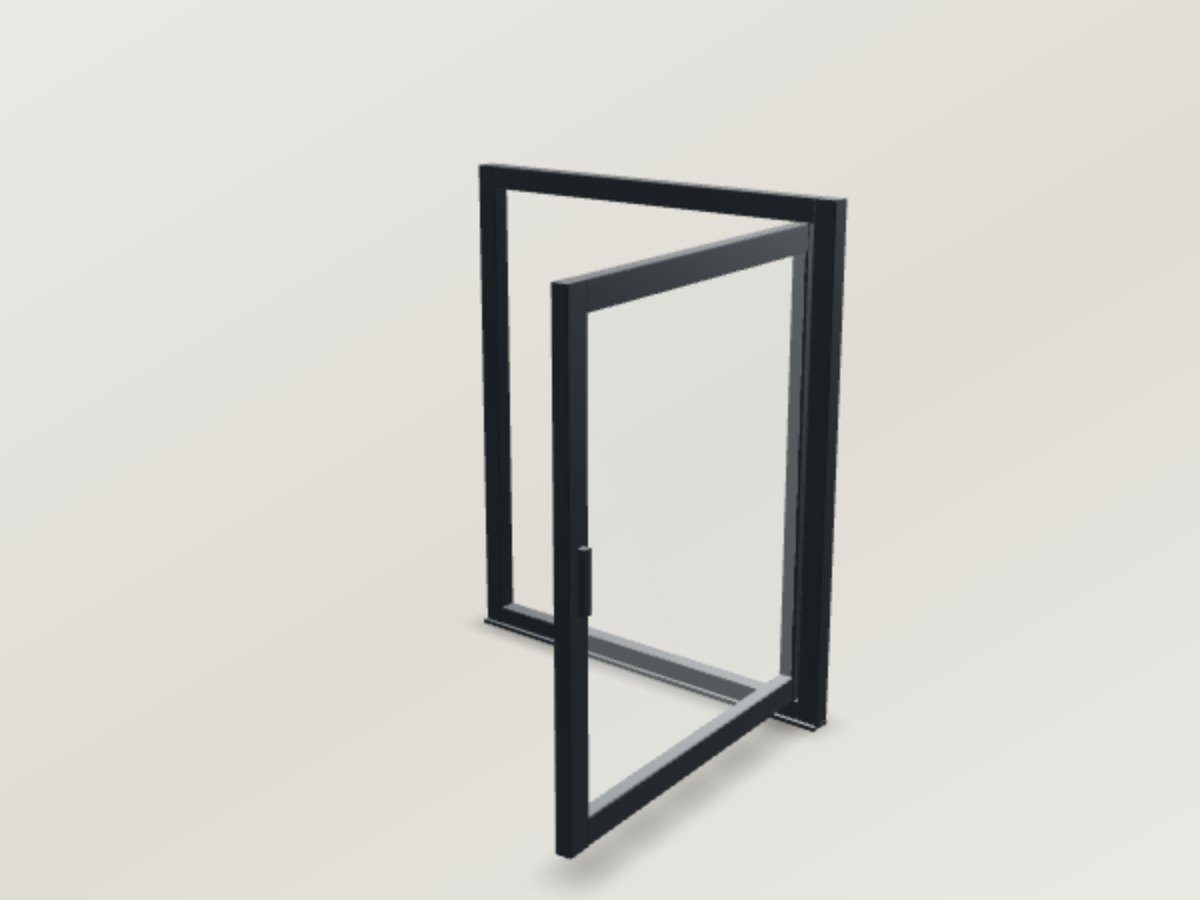 Fenêtre battante aluminium visualisée en 3D, vantail ouvert